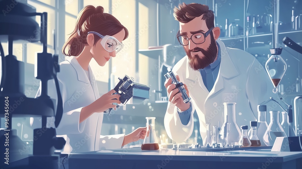 Poster scientists conducting experiments in a laboratory during a bright afternoon with various glassware a