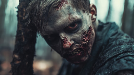 Grotesque zombie face, flesh hanging off in strips, with sunken eyes and blood-streaked teeth. Set in a post-apocalyptic wasteland.