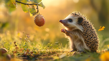 Hedgehog standing on its hind legs, playfully trying to reach a hanging fruit from a low branch in a bright, sunny meadow