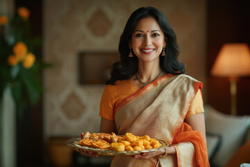 young indian woman holding sweet plate