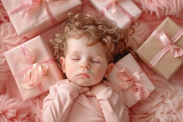 Fototapeta premium Sweet dreams boy beautiful curls and tranquil heart. Curly-haired infant dreams peacefully resting serene pink surface. Soft pink surroundings evoke warmth and maternal love.