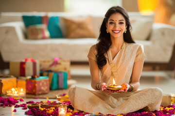 young indian woman holding oil lamp on diwali festival