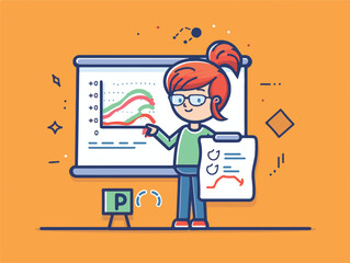 A vectorial icon representing a young teacher giving a course about statistics and creating charts in the R-programming language. Simple hand-drawn. Less details. Kawai flat style.
