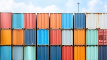 Fototapeta premium Rows of colorful shipping containers stacked at a port, Container shipping, logistics, global trade