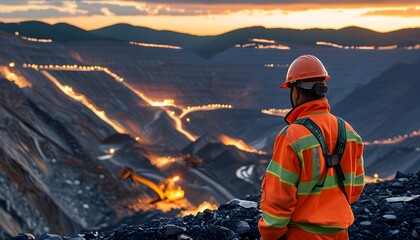 Overlooking a mining operation at dusk with a worker in high-visibility gear