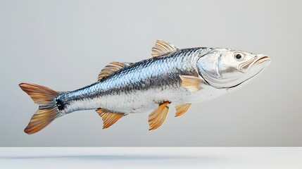 Naklejka premium 32. **A 3D render of a falling sea bass, its shiny scales and streamlined body contrasted with a clean white surface