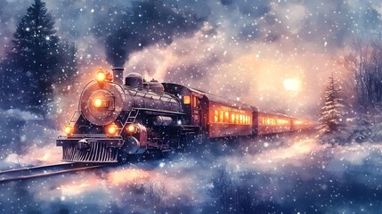Impressionistic Watercolor Christmas Train Journeying Through Snowy Landscape
