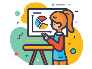 A vectorial icon representing a young teacher giving a course about statistics and creating charts in the R-programming language. Simple hand-drawn. Less details. Kawai flat style.
