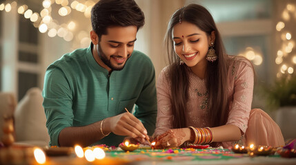 indian brother and sister making Rangoli at home
