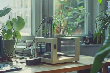 A 3D printer sits on a wooden desk surrounded by lush green plants in a bright, modern office space, combining nature with cutting-edge technology.
