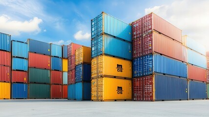 Stacks of containers labeled with global brands, ready for international shipping, Shipping industry, global trade