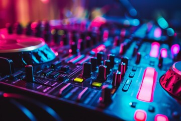 Neon-lit DJ equipment in use, showcasing an intricate array of buttons and dials, creating an electrifying ambiance.