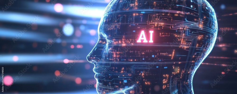 Poster futuristic metallic human-like head with glowing ai elements representing advanced artificial intell