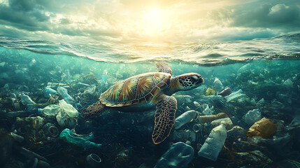 Obraz premium Plastic Ocean: Sea Turtle Entangled in a Web of Plastic Waste