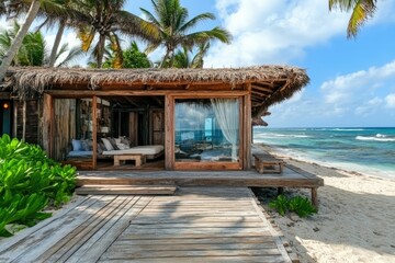 Fototapeta premium Tropical beach house with wooden deck and ocean view.