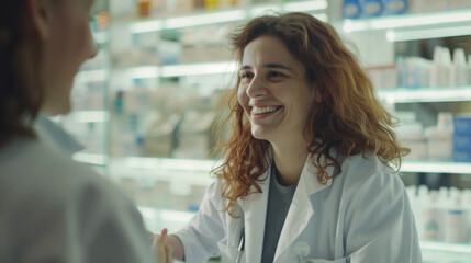 Fototapeta premium Pharmacist assisting a customer in a modern pharmacy during daylight hours