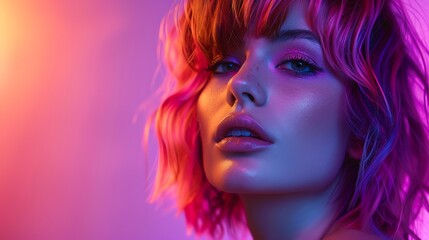 Obraz premium Woman with striking hair colors, purple backdrop, stylish look, calm expression, bright lighting