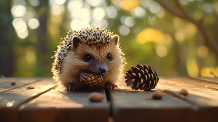 Obraz premium Hedgehog playing with a pinecone on a wooden picnic table, surrounded by nature, with soft sunlight casting gentle shadows