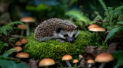 Hedgehog curled up on a soft patch of moss in a shaded woodland area, with tiny mushrooms and ferns scattered around