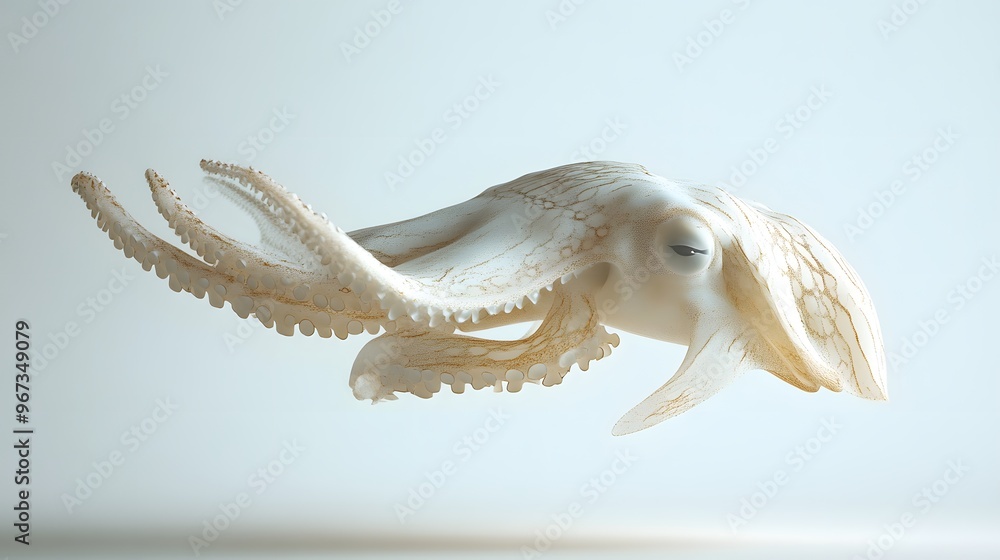 Poster 18. **a 3d render of a falling cuttlefish, its unique shape and textures set against a clean white b