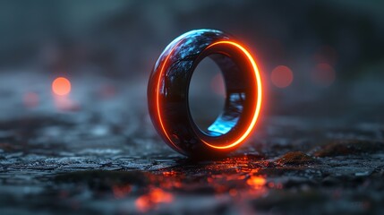 A futuristic, glowing ring with red and blue hues sits on a stone surface in a dark, misty environment.