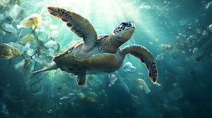 Obraz premium Plastic Ocean: Sea Turtle Entangled in a Web of Plastic Waste