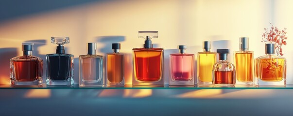 A stylish display of various perfume bottles arranged on a shelf, showcasing different colors and elegant designs.