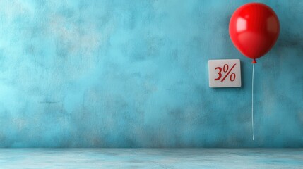 A vibrant red balloon floats against a textured blue wall, displaying a 3 percent sign, creating a cheerful and festive atmosphere.