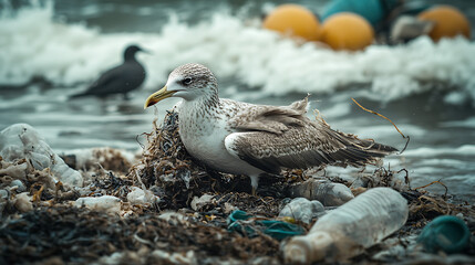 Wildlife and Waste: A Bird Trapped in Plastic Debris by a Polluted Shore