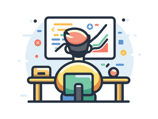 A vectorial icon representing a young teacher giving a course about statistics and creating charts in the R-programming language. Simple hand-drawn. Less details. Kawai flat style.
