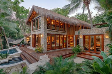 Obraz premium Tropical modern house with palm trees and a serene pool area.