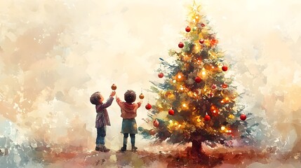 Obraz premium Children Decorating Festive Christmas Tree in Cozy Impressionistic Watercolor Painting