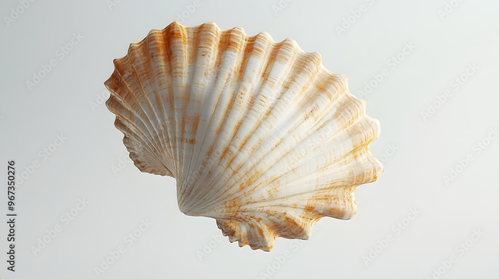 Poster 22. **a 3d render of a falling sea scallop, its round shape and seared surface visible against a pri