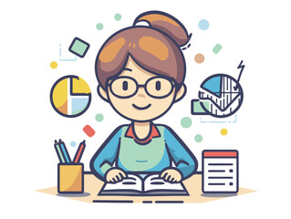 A vectorial icon representing a young teacher giving a course about statistics and creating charts in the R-programming language. Simple hand-drawn. Less details. Kawai flat style.
