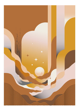 Mystic boho art poster. Mysterious and clean vector landscape illustration in warm earthy tones. The sun and stars shining around.