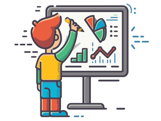 A vectorial icon representing a young teacher giving a course about statistics and creating charts in the R-programming language. Simple hand-drawn. Less details. Kawai flat style.
