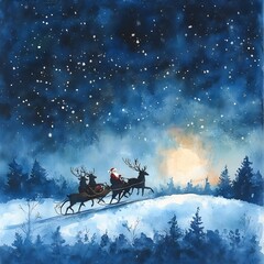 Enchanting Snowy Sleigh Ride Under the Starry Night Sky During Christmas Eve