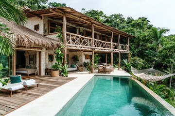 Luxurious villa with pool surrounded by lush greenery.