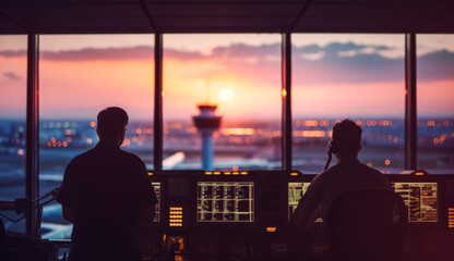 Air Traffic Controllers Overseeing Flights at Sunset in Modern Control Tower