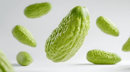 44. **A 3D render of a fresh chayote falling, its green, wrinkled skin and smooth texture set against a clean white surface