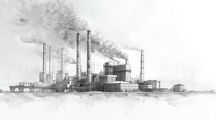 Industrial factory, black and white, smokestacks, detailed line art