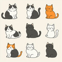 Niedliche Katzenillustration: Verschiedene stilisierte Katzen in Schwarz, Weiß, Grau und Orange, liebevoll gezeichnet und minimalistisch dargestellt