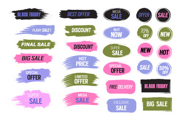 Brush stickers sale. Color paint element, Grunge stroke, Round banner with different promotion badges. Offer tags, Sale label, Shop ribbon. Green, purple, pink, black Vector.