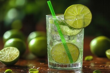 Fototapeta premium refreshing glass of limeade with vibrant green straw on rustic wooden table garnished with juicy lime wedge condensation on glass suggesting coolness