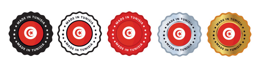 Made in Tunisia or tunis set of sign stamp badge, with varian color red, silver, gold, black suitable for products manufactured, military, agriculture or food vector illustration eps editable text