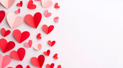 Romantische Anordnung von roten und rosa Papierherzen auf weißem Hintergrund – ideal für Valentinstags-Designs, Hochzeiten oder kreative Bastelprojekte