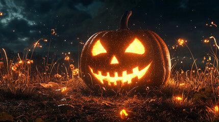 Naklejka premium Leuchtender geschnitzter Jack-o'-lantern Kürbis im herbstlichen Wald bei Nacht mit stimmungsvoller Bokeh-Beleuchtung – perfekt für Halloween und herbstliche Dekorationen