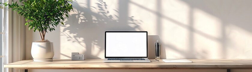 Fototapeta premium Minimalist workspace with laptop, plant, white tones, clean and modern