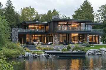 Obraz premium Modern lakeside house with large windows and outdoor seating.