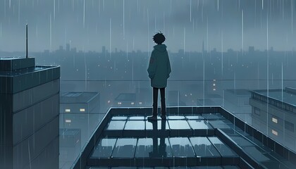 Obraz premium Anime Boy on Rainy Rooftop, Looking at City, Lofi Minimalist Mood